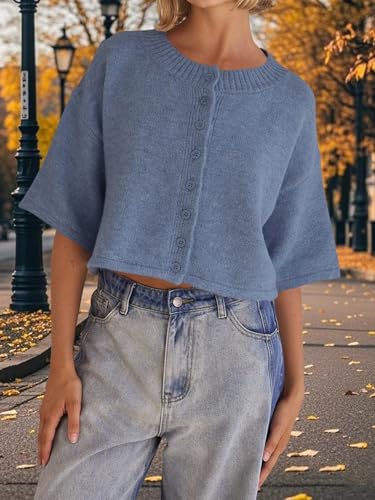Womens Summer Short Sleeve Sweater Tops Button Down Oversized Cropped Sweaters Casual Knit Pullover Top