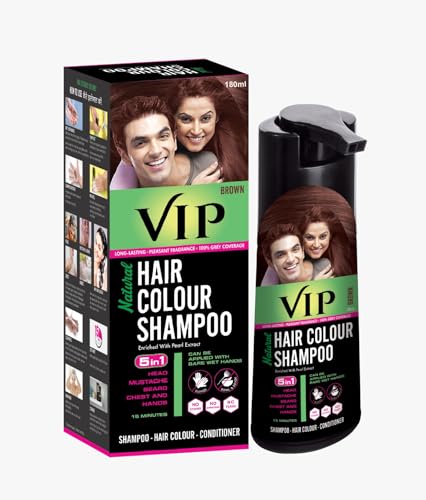 VIP Natural Hair Colour Shampoo | 180ml Brown | Ammonia-Free |for Men and Women | 3-in-1