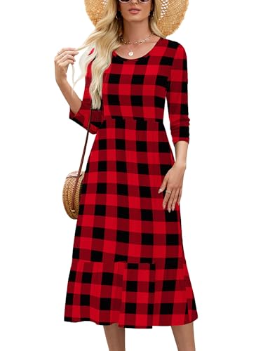 Image of Heymoments Women's Casual 3 /4 Sleeve Midi Dress Crewneck A Line Tiered Flowy Loose Travel Long Dresses with Pockets