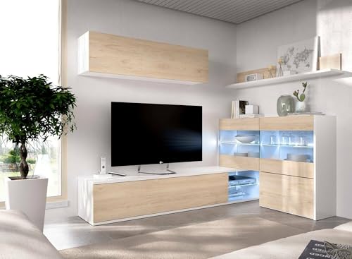Dmora - Parete attrezzata Adams, Set da soggiorno modulare ad angolo, Mobile salotto multiposizione con luce LED, 260x41h180 cm, Rovere e Bianco