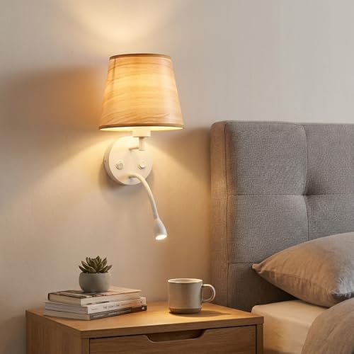 BARCELONA LED Aplique de Parede para Leitura MAR em Branco e Madeira, Flexo LED 3W 2400K e Soquete E27, Luminária de Cabeceira Estilo Nórdico, Duplo Interruptor Independente, Luz Quente