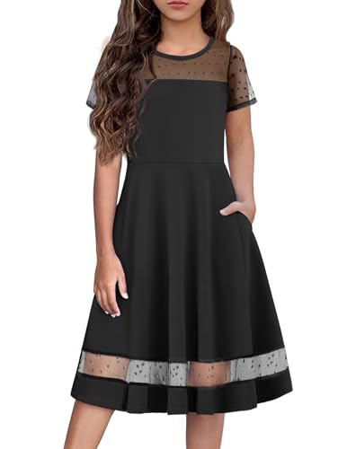 Arshiner Tween Girls Dress Semi Formal Contrast Mesh Short Sleeve Black Funeral Party Dresses Kids Clothes 9-10 Years