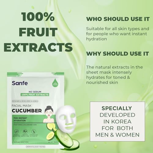 Image of Sanfe Instant Hydration Cucumber Facial Mask | For toned & nourished skin | 100% fruit extracts, Korean Mask | 25gm | Pack of 3