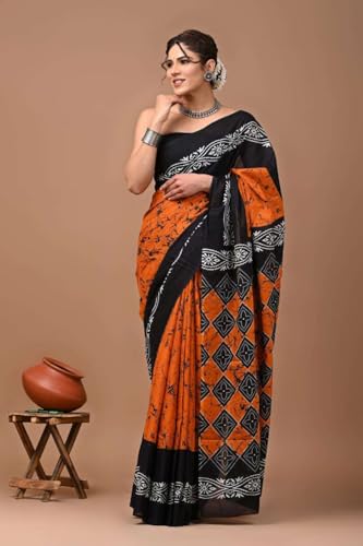 Image of Hand Block Printed Cotton Mulmul Saree | Soft Lightweight Summer Saree | Pure Cotton Traditional Indian Saree for Women
