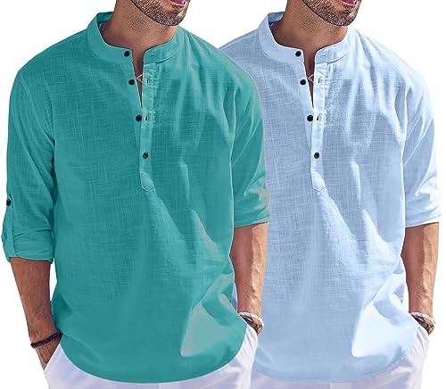 Image of Bellstone Men's Cotton Blend Straight Kurta Shirt Combo with Mandarin Collar - Slim Fit Casual Short Kurti Set Featuring Textured Slub Fabric and Roll-Up Full Sleeves