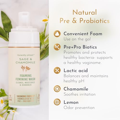 Image of Honestly pHresh Foaming Feminine Wash for Women - pH Balanced Natural Intimate Cleanser with Prebiotics & Probiotics. Vegan, Sensitive Skin Safe. Made In USA - Rose & Bergamot Scent, 5 oz