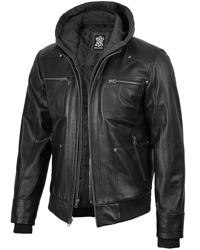 Image of fjackets Men Hooded Leather Jacket - Real Lambskin Men's Leather Jackets with Detachable Hood Outerwear