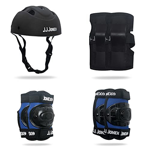 Image of JJ Jonex Skating Guard, Protective Skating Guard Kit | Skate, Cycling Protection Set | Multi Sport Gear for Children Age 5-16 Years, Helmet Elbow Guards Knee Caps & Hand Gloves (Black-Blue, Small)