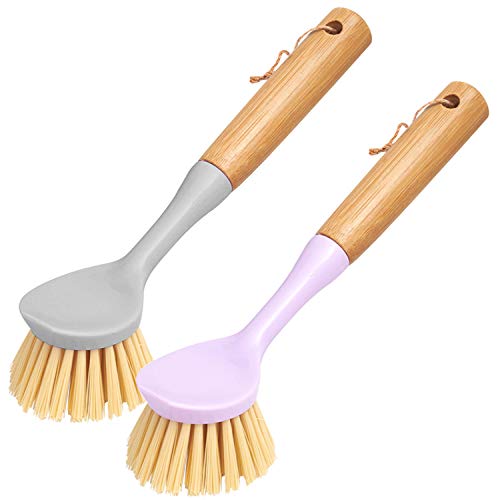 Dish Brush with Handle Built-in Scraper, Scrub Brush for Dish Pans Pots Kitchen Sink Cleaning, Pack of 2