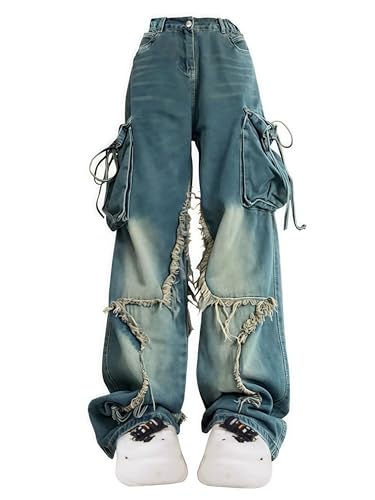 Y2K Baggy Ripped Jeans for Women – Wide Leg Butterfly Print & Star Patch Distressed Denim Pants High Waist Streetwear
