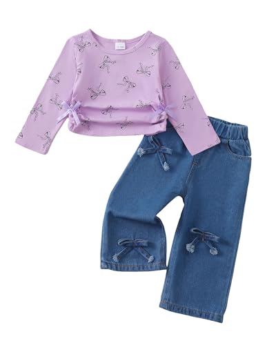 Image of Kucnuzki Toddler Baby Girl Clothes Long sleeve Fall Winter Shirt Tops Baggy Jeans Pants Set Kids Girls Outfits 2 Piece