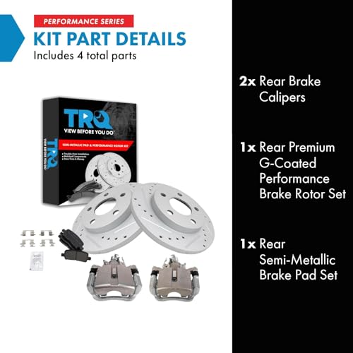 Image of TRQ Performance Rear Brake Pad and Rotor Set Semi Metallic Solid G Coated Rotors Calipers Compatible with 2004 Pontiac Grand Prix