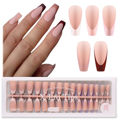 SUTOKAKA 150Pcs French Tip Press On Nails 15 Sizes Pre-Colored Soft Gel Press Ons Coffin Nail Tips Skin Tone French False Nail Tip Acrylic Fake Nails Mixed Color for Women DIY At Home Salon