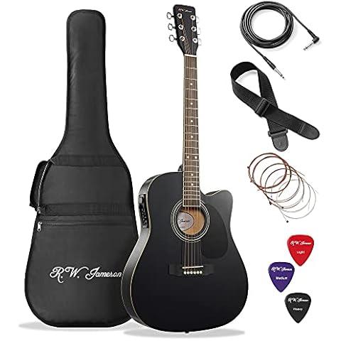 Jameson Guitars Full Size Thinline Acoustic Electric Guitar with Free Gig Bag Case & Picks Black Right Handed Cover