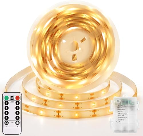Vomkela Striscia LED a batteria, 3 metri, 8 modalità, autoadesiva, 90 LED con timer per camera, soggiorno, bar, feste (bianco caldo, 5 m)