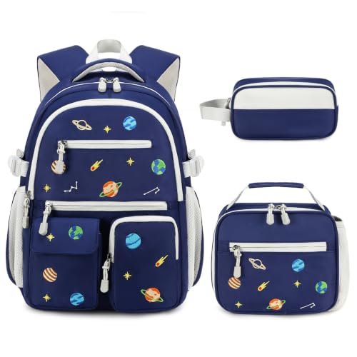 Image of DIGOBAY Backpack for Boys 6-8, 3PCS Embroidery Toddler Boys Backpack with Lunch Bag Pencil Case, 15.7 inch Kids School Bookbag for Preschool Kindergarten Elementary Daycare Backpacks, Navy Blue Planet