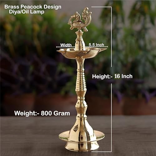 Image of Indian Art Villa Pure Brass Shine Finish Stand /Pillar Diya /Deepak /Lamp /Lantern with Peacock Design, Pooja, Home Decor & Diwali Gift Item, Height-16 Inches, Set of 2