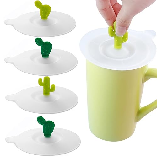 MINGZE 4 Piezas Tapa de la Taza de Silicona, Linda Creative Verde Oscuro Verde Claro Cactus tapas taza de la bebida Reutilizable Cocina Té Hogar Anti Polvo Oficina o de succión a Prueba de Fugas