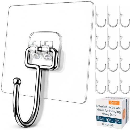Image of GLUIT Adhesive Large Wall Hooks for Hanging Heavy Duty 22 lbs Hooks for Walls No Drill, Towel Sticky Clear Hooks, Waterproof, Home, Bathroom, Kitchen, Office, and Outdoor 12 Pack