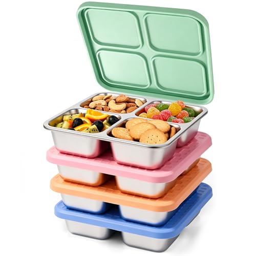 Image of 4 Pack Stainless Steel Snack Containers with Silicone Lids, Leakproof Bento Snack Boxes, Reusable 4 Compartment Metal Lunch Containers, Dishwasher Safe Food Storage for Meal Prep, Work & Travel