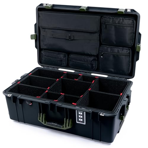 Pelican 1595 Case by ColorCase - Black - Large Sized Waterproof Case with TrekPak Divider System & Laptop Computer Lid Pouch - OD Green Handles & Latches