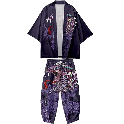 Image of DOSLAVIDA Men's Japanese Kimono Cardigan Suit Chinese Style Printed Jacket Pants Set Open Front Seven Sleeve Top & Shorts