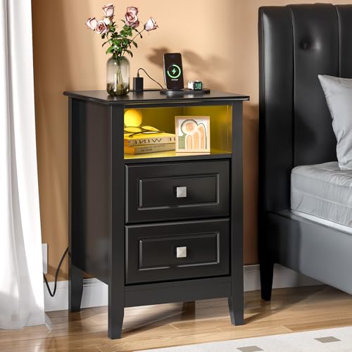Bonnlo Led Nightstand with Charging Station, Black Nightstand with Drawers, Night Stand Black Bedside Table with Charging Station and Led Lights, Smart Night Stand for Bedroom, 15.75"W*13.78"D*23.62"H