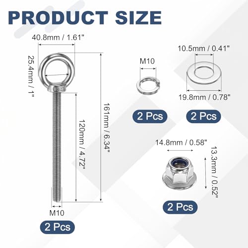 Image of PATIKIL M10 x 120mm Shoulder Eye Bolt, 2 Pcs 304 Stainless Steel Lifting Ring Threaded Eye Bolt with Flange Lock Nuts Spring and Flat Washers for Hanging Tie Down Straps Outdoor Indoor