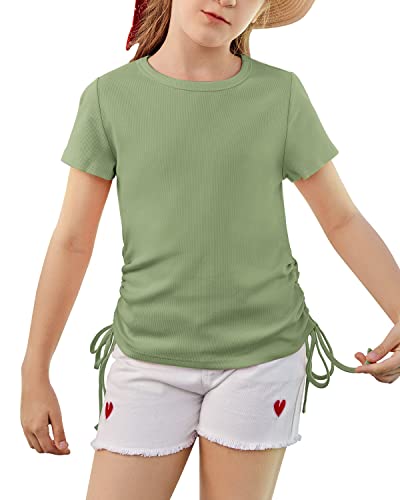 Image of Imily Bela Girls Tees Shirts Cute Crew Neck Short Sleeve Side Drawstring Solid Tops Kids Children Summer Clothes