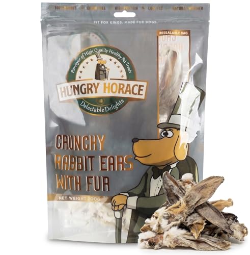 Hungry Horace Crunchy Rabbit Ears with Fur for Dogs 100% Natural Premium Hypoallergenic AirDried SingleIngredient Hypoallergenic Treats for Sensitive Dogs Resealable 200g Pack (1416 Ears)