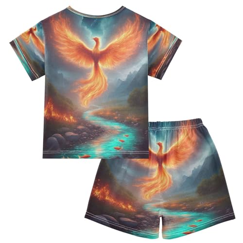 Pajama Sets Short Sleeve Phoenix Rising over Stream Soft Cotton Summer Sleepwear 2 Piece PJS Size 5-14T2