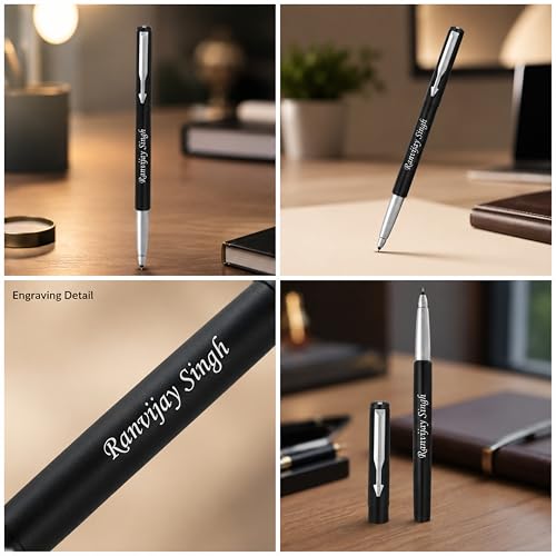 Image of SAVRI Personalized Parker Vector Roller Pen - Matte Black with Silver Clip - Custom Engraved Name - Stylish Customized Gifts for Men & Women - Anniversary, Valentine's Day & Exclusive New year gifts