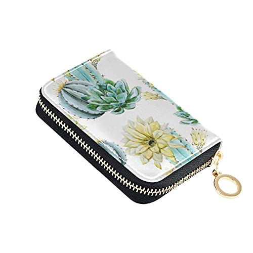 Turquoise Green Cactus Cacti Yellow Flowers on White Credit Card Coin wallet, Key Change Organizer Zipper Purse Compact Clutch Pouch Pocket, RFID Blocking Women Leather Card Holder