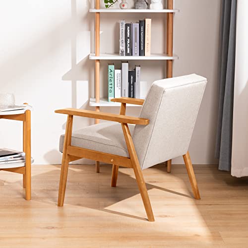 Unicoo – Leisure Chair Solid Wood Armrest Accent Chair, Fabric Upholstered Wooden Lounge Chair Modern Living Room Chairs (U205-Beige) #TOP2