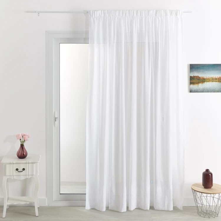 Voilage Ignifugé Non Feu FR Blanc - 300x260 cm - Galon Fronceur - Sécurité Renforcée - Voilage Prêt à Poser
