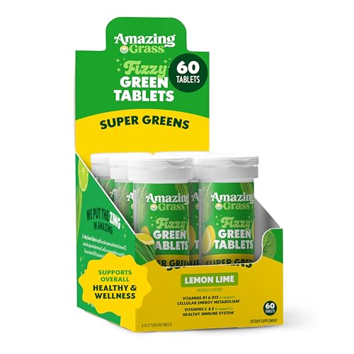 Amazing Grass Fizzy Green Tablets Effervescent Greens Tablets Water Flavoring Antioxidants & Alkalizing Greens Vitamin C Vitamin E B1 B12 Superfood Lemon Lime 60 Count (Packaging May Vary)