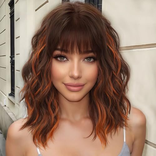 Image of AISI HAIR Ginger and Brown Synthetic Wavy Curly Bob Wig with Bangs Short Wavy Hair for Women Synthetic Heat Resistant Bob Wigs