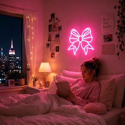 Image of Bow Neon Sign Led Neon Lights Neon Signs for Wall Decor Light Up Sign for Birthday Party Club Gift