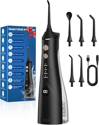 Irrigador Bucal Portatil Flosser, Ganador de la Prueba 2025, 5 Boquillas y 4 Modos, Cuidado Dental y Limpieza Interdental, Tanque Grande, Resistencia al agua IPX7, para Uso Doméstico y De Viaje