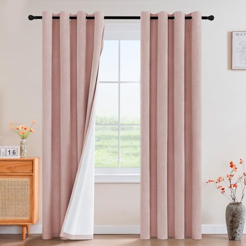 Image of PrinceDeco Blackout Curtains Linen Blended 96 Inch Long Room Darkening Black Out Curtains for Living Room with Natural Slubs & Grayish (Not Solid) Thermal Insulated Grommet 2 Panels - Heathered Pink