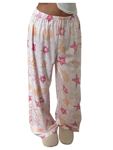 Milumia Women's Graphic Print Long Pants Drawstring Low Waisted Loose Fit Boho Pants