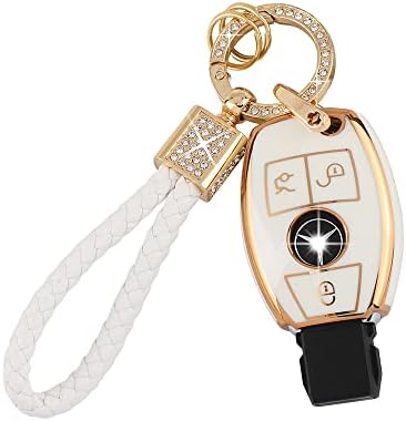 PIFOOG for Mercedes Key Fob Cover TPU Key Case Soft Car Keys Protector Fit Mercedes Benz AMG C E M S CLS CLA GLK GLA GLC GLE Smart Remote Key Keychain Girly Women White Gold