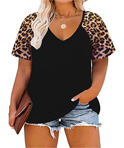 TIYOMI Plus Size Tops for Women Short Sleeve Color Block Raglan Sexy V Neck Shirts Tunic Spring Summer XL-5XL 14W-28W
