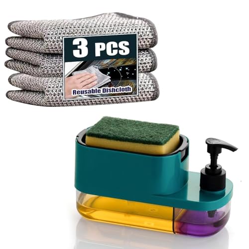 VYOOx Kitchen Soap Dispenser with Sponge Holder+3 Pice Dish Cloth,2-Chamber Design, Pump Bottle for Dish Soap, Teal (Multi Colour)