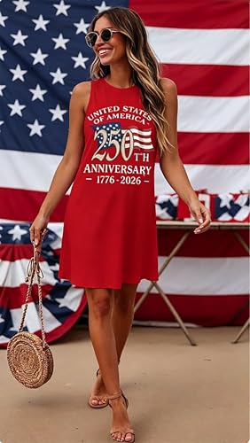 Image of jusgai 250 Anniversary USA Dress for Women American Flag Tank Dresses 4th of July Patriotic Sundress