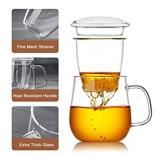 Dopudo Pavillion Glass Tea Cup with Infuser and Lid, 17.6oz/520ml Borosilicate Glass Large Mug for Loose Leaf & Blooming Tea, Clear