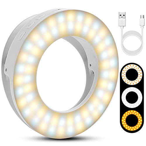 Disnadda Selfie Ring Light[Upgrades Version],3 Lighting Modes Rechargeable Clip on Selfie Light with 60 Led for iPhone Laptop Smart Phone Photography,Video conferencing, Girl Makes Up(White)