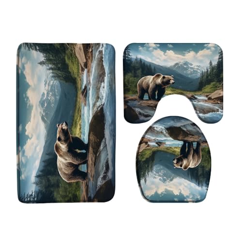 Bear 3 Pcs Bath Rugs Set,Rustic Cabin Forest Wild Animal Mountain Lake Farmhouse Lodge Hunting Theme Bathroom Kitchen Rug with 17.8