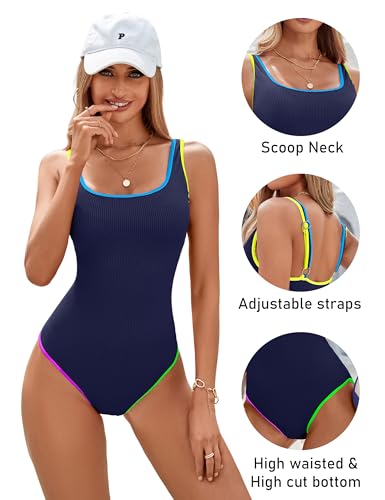 Image of BMJL Women's One Piece Swimsuit Sports Adjustable Strap Bathing Suit Color Block Ribbed High Cut Swimsuits