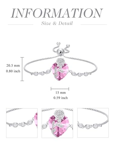 OCJ Birthstone Bracelet for Women 925 Sterling Silver Rose Flower Heart Tennis Bracelet Jewelry Anniversary Graduation Birthday Gifts for Women Wife Her Girlfriend4